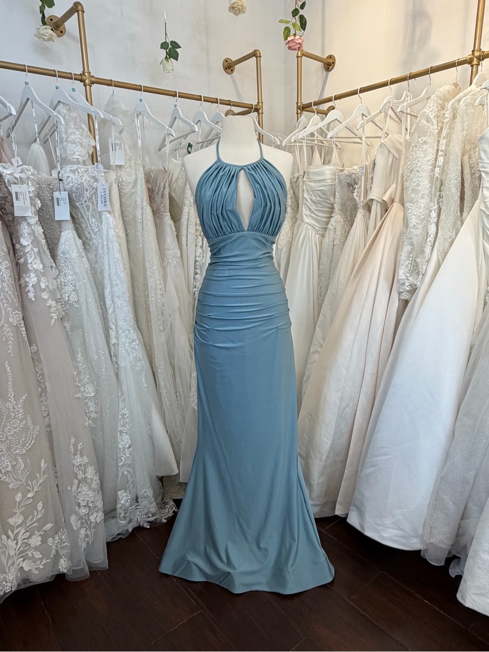 Bari Jay Dusty Blue Halter Ruched Gown